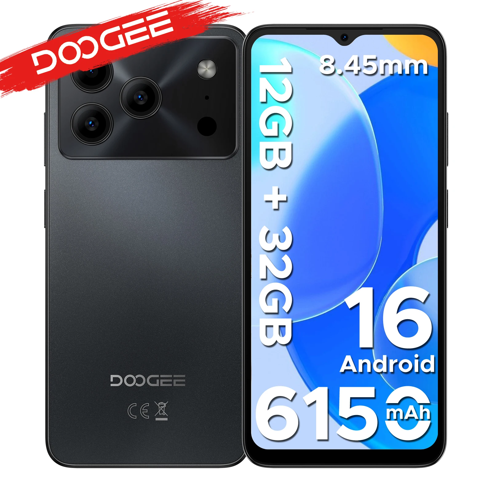 DOOGEE Note 56 Lite - Dual SIM Smartphone - Android 16 -12 GB RAM + 32 GB ROM / 2 TB TF - UNISOC SC9863A - 6150 mAh - 8,5 mm ultraslank - 6,56 inch HD+ - 8 MP + 5 MP - Face ID -Zwart
