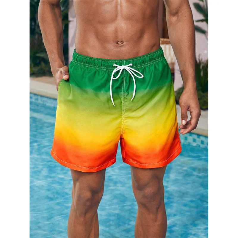 Gradiente de cor gráfico masculino calções de praia, calções coloridos estampados em 3D, calças curtas respiráveis casuais, calças soltas de natação