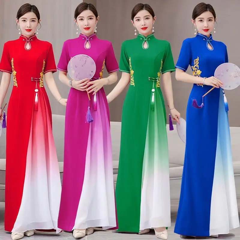 

Подиумное длинное платье Cheongsam с короткими рукавами, улучшенное вьетнамское платье Audrey Ao Dai qipao Cheongsam, танцевальное платье