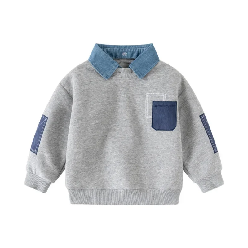 

Children Turn-down Collar Gray Cotton Denim Color Patchwork Kids Baby Boy Sweatshirt 2025 Spring Autumn New 2 3 4 5 6 7 8 Years
