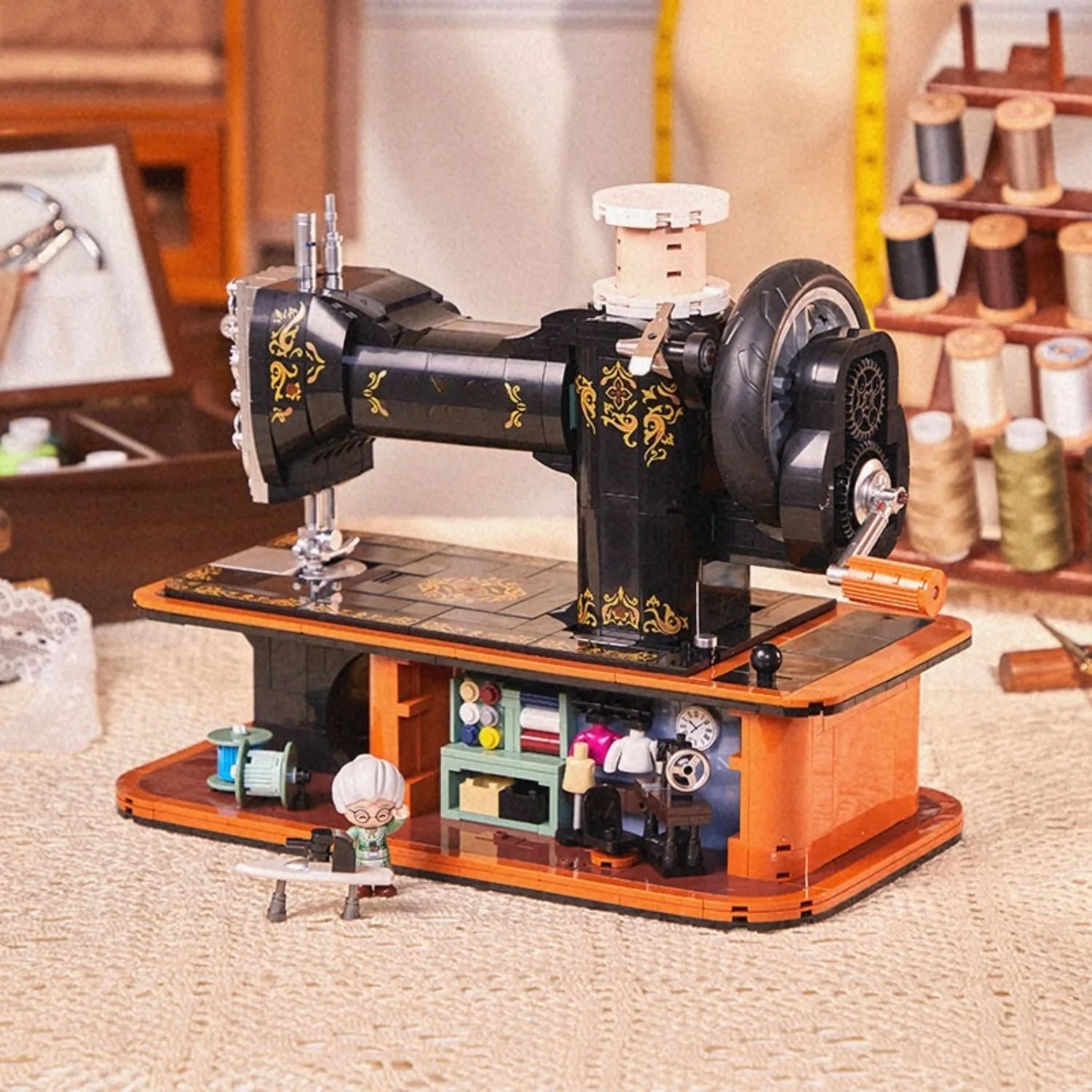 Vintage Hand Crank Sewing Machine Brick Model,Collectible with Functional Gear Linkage,Hidden Mini Tailor Shop,Desk Decor Gift