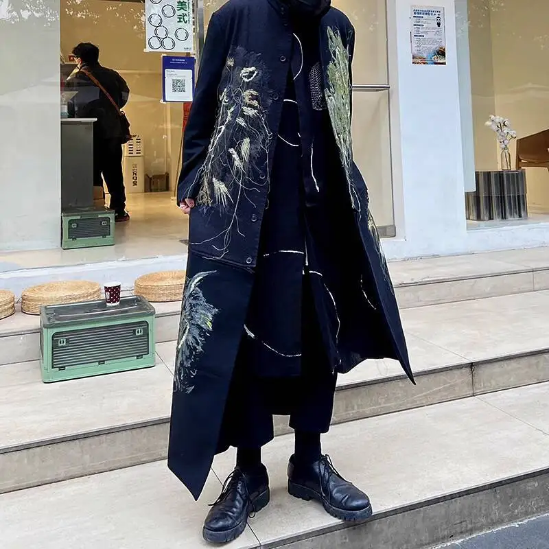 HKSH Autumn Men Tide Punk Original Yamamoto Dark Heavy Gold Embroidery Trench Coat Techwear Fashion Ins Chic Windbreaker HK15445
