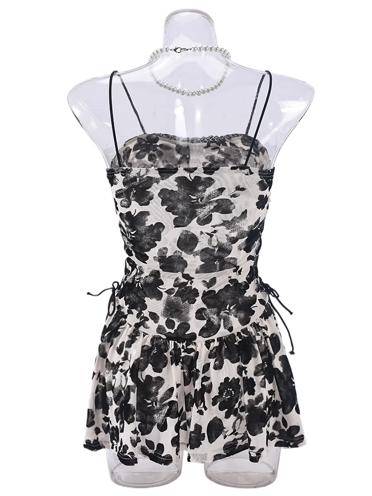 Flockingดอกไม้พิมพ์ชุดผู้หญิงตาข่ายPatchwork Lace Up Backless Ruffles Hemเซ็กซี่Elastic Mini Bodycon