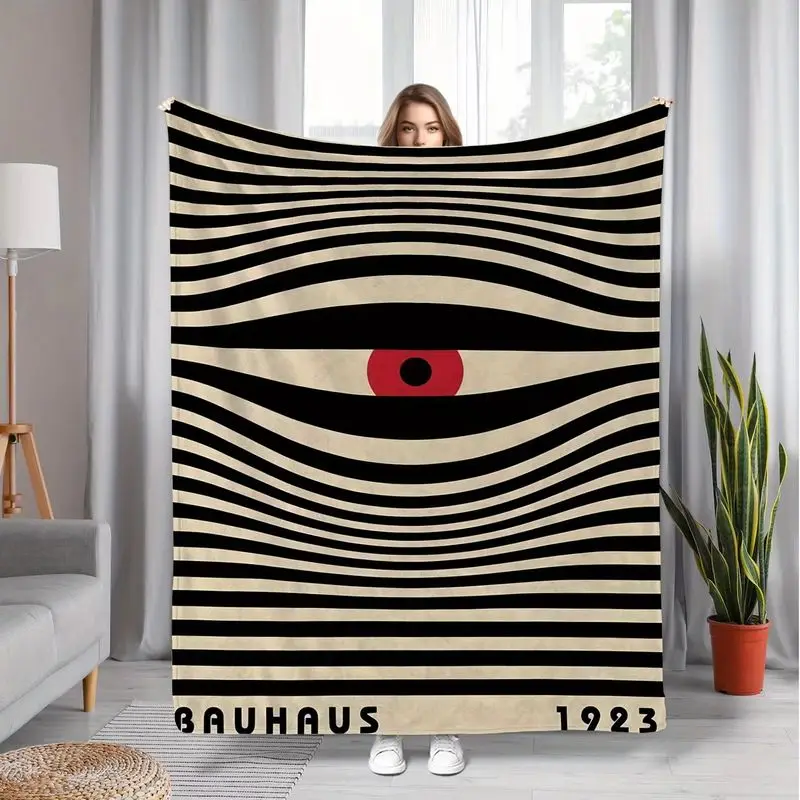 VIKAMA Bauhaus 1923 Eye Optical Stripe Flannel Throw Blanket Vintage Abstract Art Print Soft Lightweight Modern Decor Gift