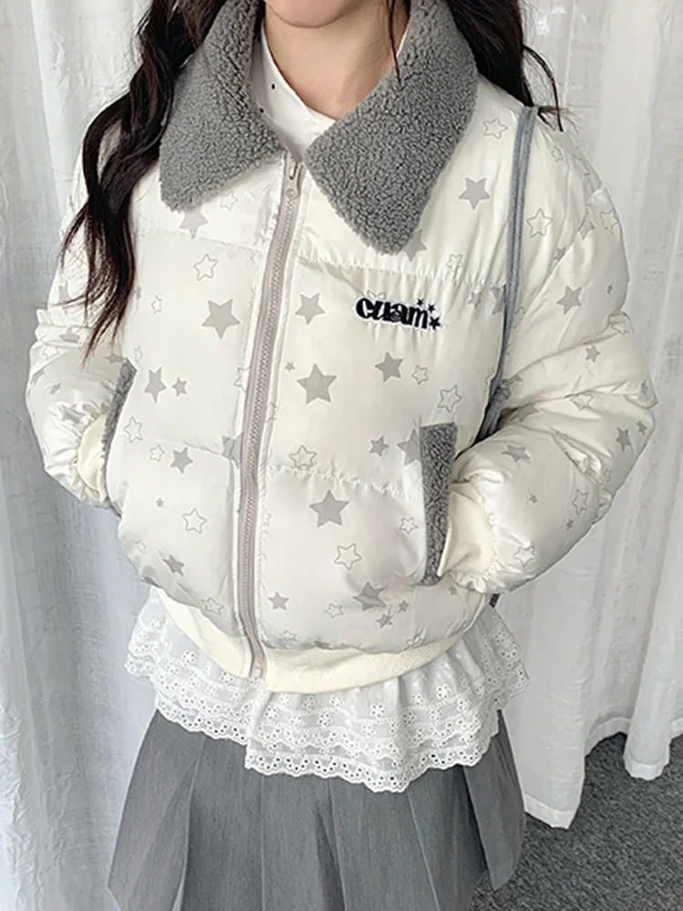 아메리칸 레트로 스타 파카 여성 겨울 긴 소매 레터 프레피 스타일 푸피 코트 하라주쿠 빈티지 인조 양털 칼라 재킷 신상품