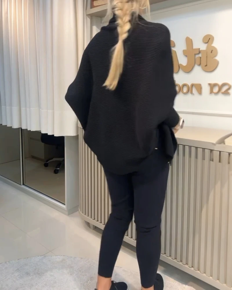3Pcs Asymmetrical Neck Ribbed Knit Plain Tank Top & Drawstring Waist Pocket Design Pants Set with Batwing Sleeve Short Cardigan