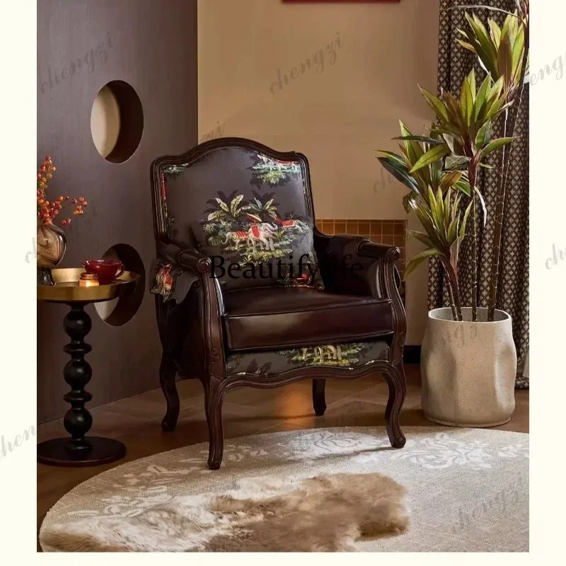 A4567 Elephant pocket for storage, French genuine leather solid wood sofa, living room leisure chair, study single chair