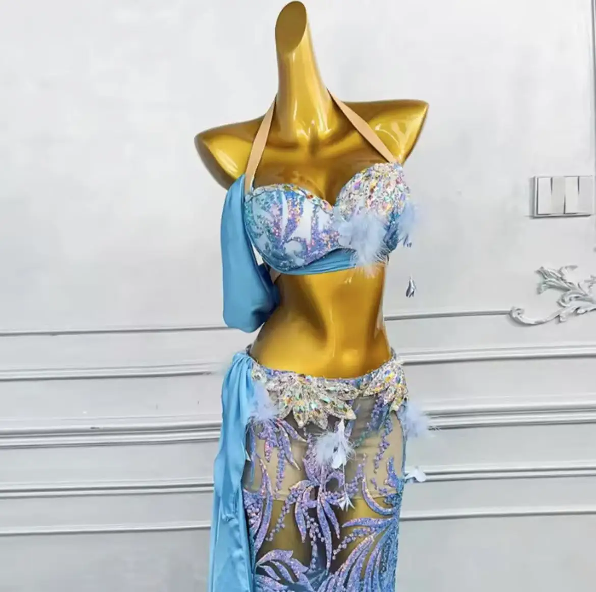 Costume de danse du ventre professionnel pour femmes, soutien-gorge à paillettes, ensemble jupe longue, vêtements de spectacle sur scène, tenue de fête de compétition, 2025