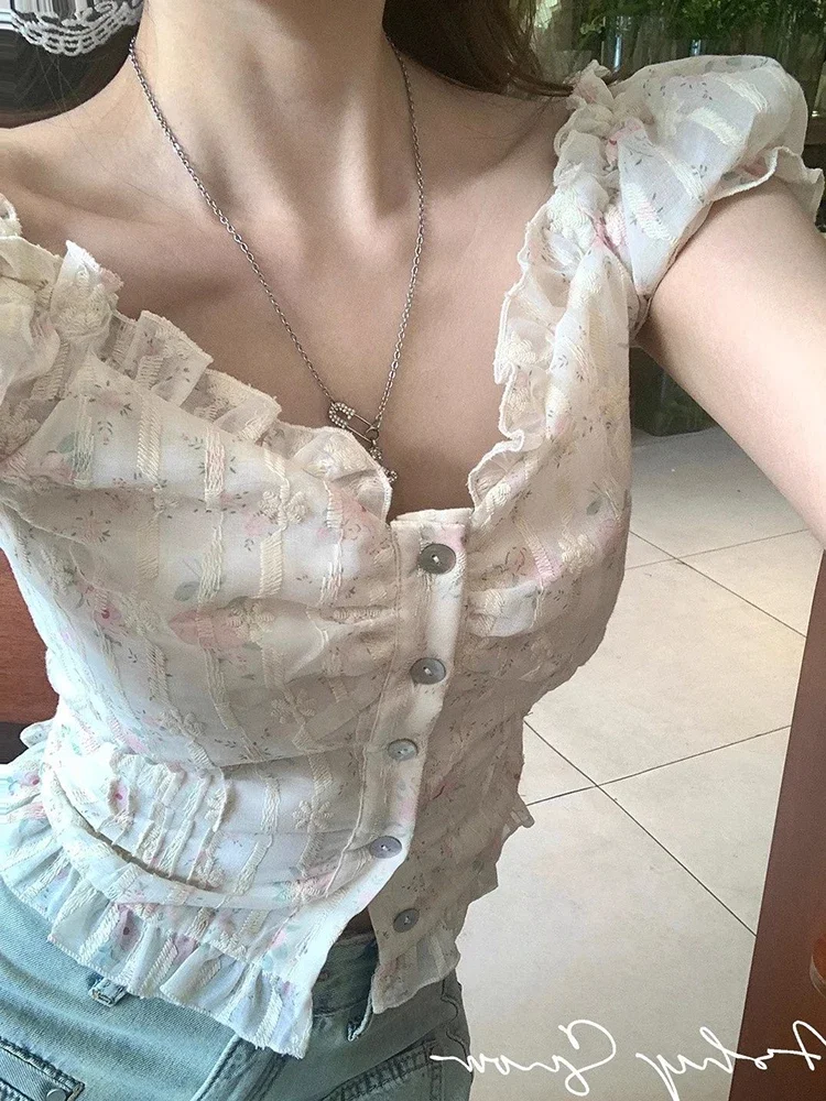 

Floral Sweet Cropped Shirt Women Summer Short Sleeve Slim Blouse Sexy V Neck Vintage Korean Elegant Female Casual Tops New