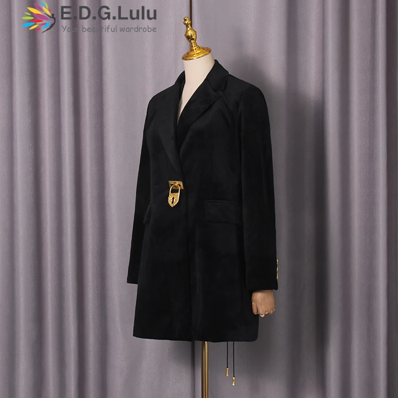 EDGLuLu ターンダウン襟メタルボタンブラックコート女性オフィスレディ長袖黒スリムフィットブレザーコート 1111