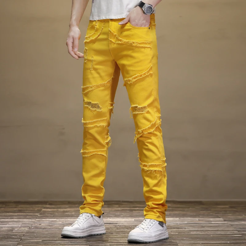 

Yellow Motorcycle Jeans Men2024New Style Frayed Stitching Ripped Personality Casual Stretch Slim Fit Skinny Long Pants