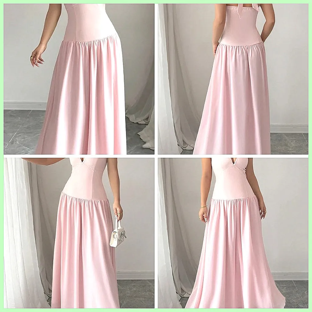 

Sweet Pink Halter Maxi Dress for Women, V-Neck Sleeveless Backless Party Dress with Waist-Cinching & Pleated Design