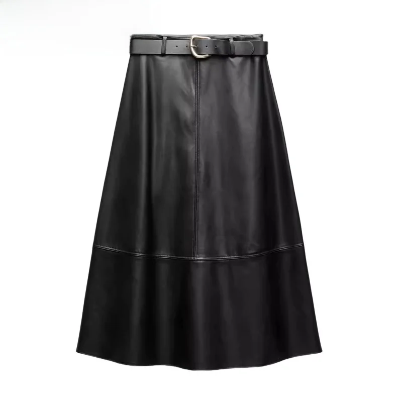 

Женская юбка-миди трапециевидной формы с высокой талией и поясом из искусственной кожи, новые осенне-зимние длинные юбки Faion, повседневное однотонное платье