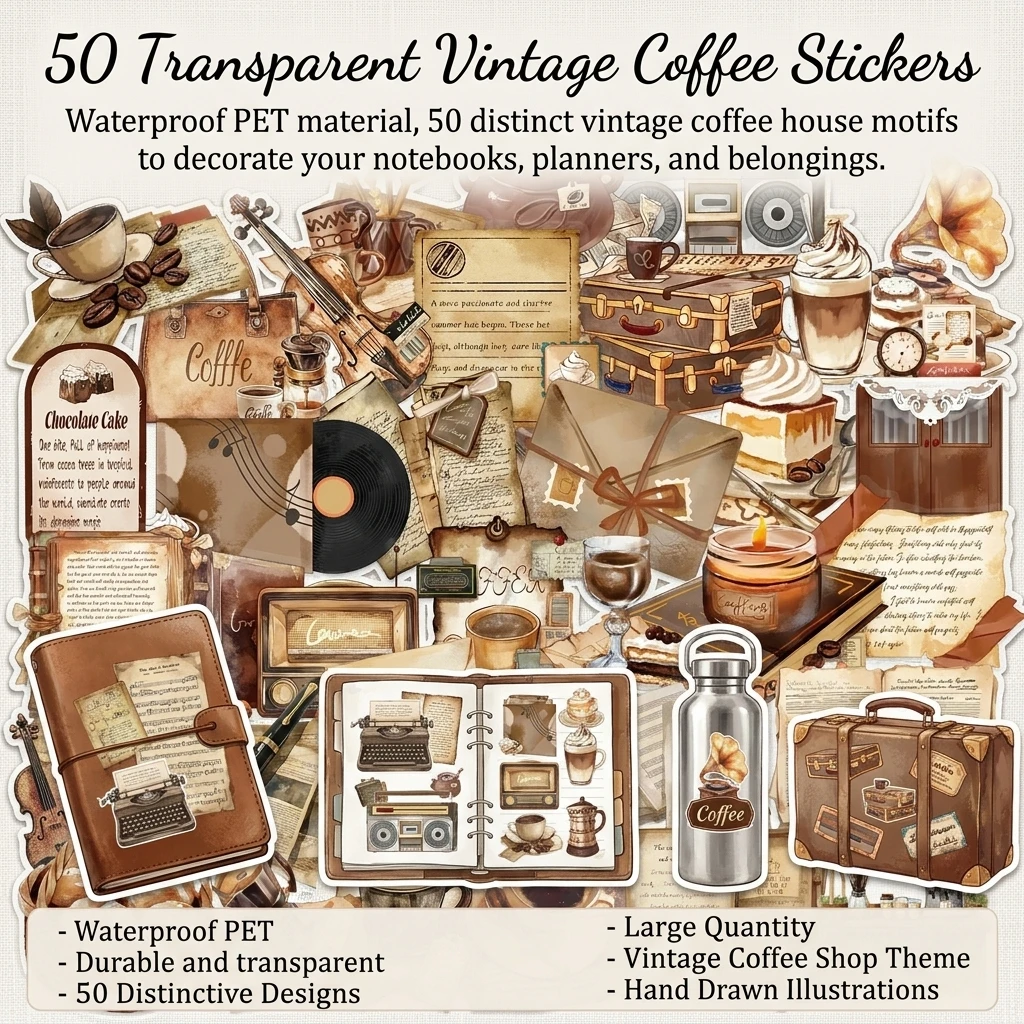 Vintage Cafe Sticker Pack 50Pcs PET Waterproof Decorative Stickers for Journal Scrapbooking Crafting
