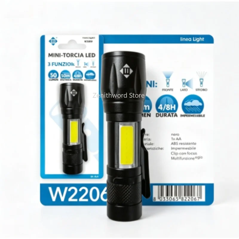 Mini lampe torche LED multifonction 50 lumens, portée de 50 m, résistante à l'eau IPX3, avec lumière latérale COB, mode stroboscopique, mise au point réglable, lampe de poche avec clip, autonomie de 4 à 8 heures, alimentée par 1 pile AA, pour camping, urgences, usage domestique et extérieur.