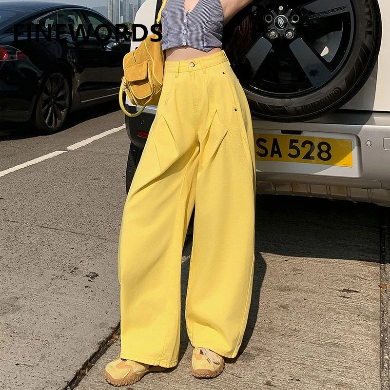 

FINEWORDS Vintage Casual Korean Wide Leg Jeans Easymatch High Waist Baggy Jeans Full Length Streetwear Loose Jeans
