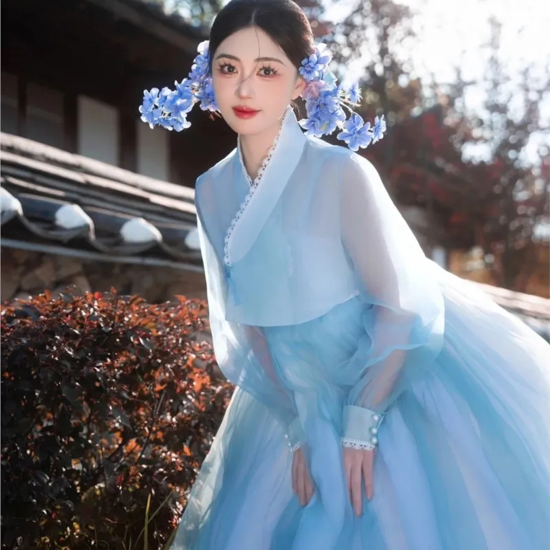 

Hanbok New Yanji Korean Clothing Women's Daily Dress Blue Ethnic Style Photography Trip Shoot