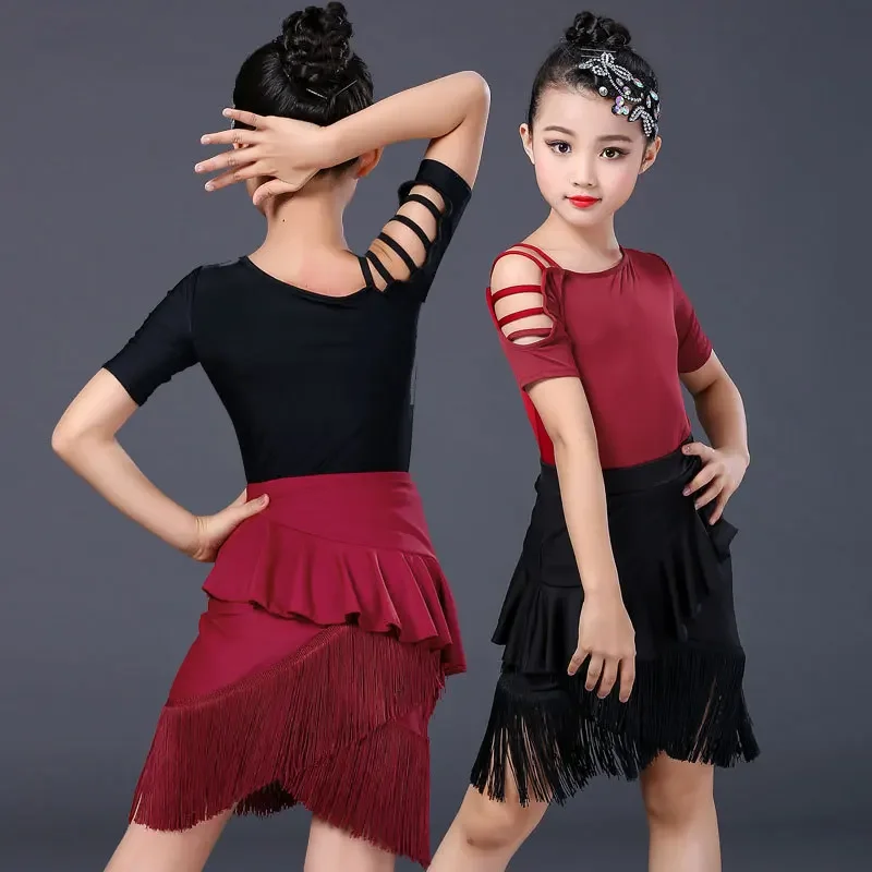 Vestido latino com lantejoulas com franjas para crianças, performance de palco, vestido de competição para meninas