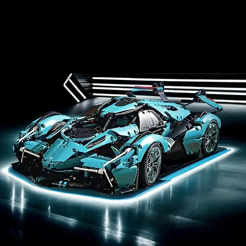 Conjunto de blocos de construção de modelo de carro de corrida azul legal de 1245 peças, ornamento de decoração de casa elegante e exclusivo, presente surpresa de Natal/Halloween/aniversário