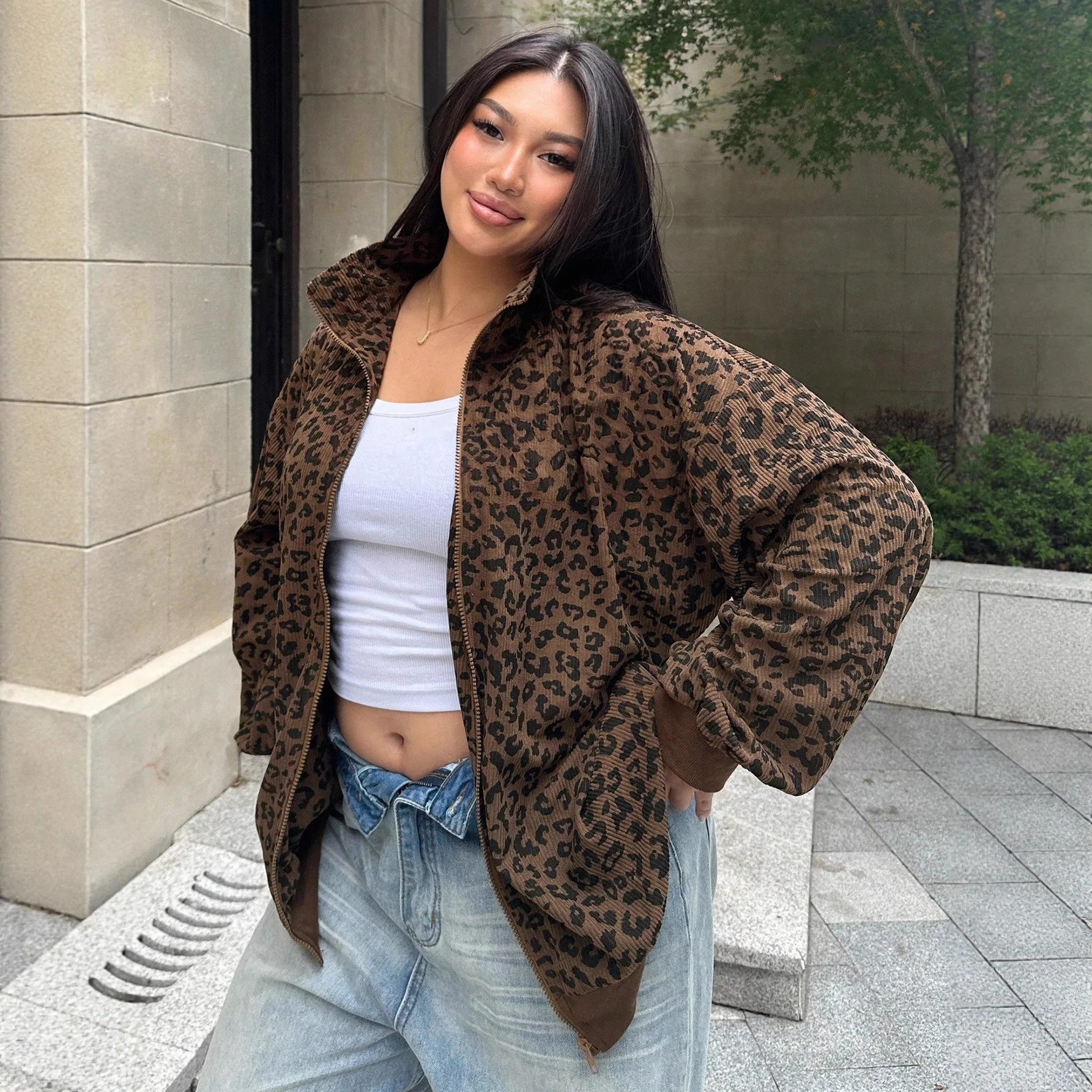 

2025 Casual Leopard Pattern Corduroy Zipper Long Sve Coat Women's Long Sve Hoodie Jaet Autumn Winter Outerwear Coat