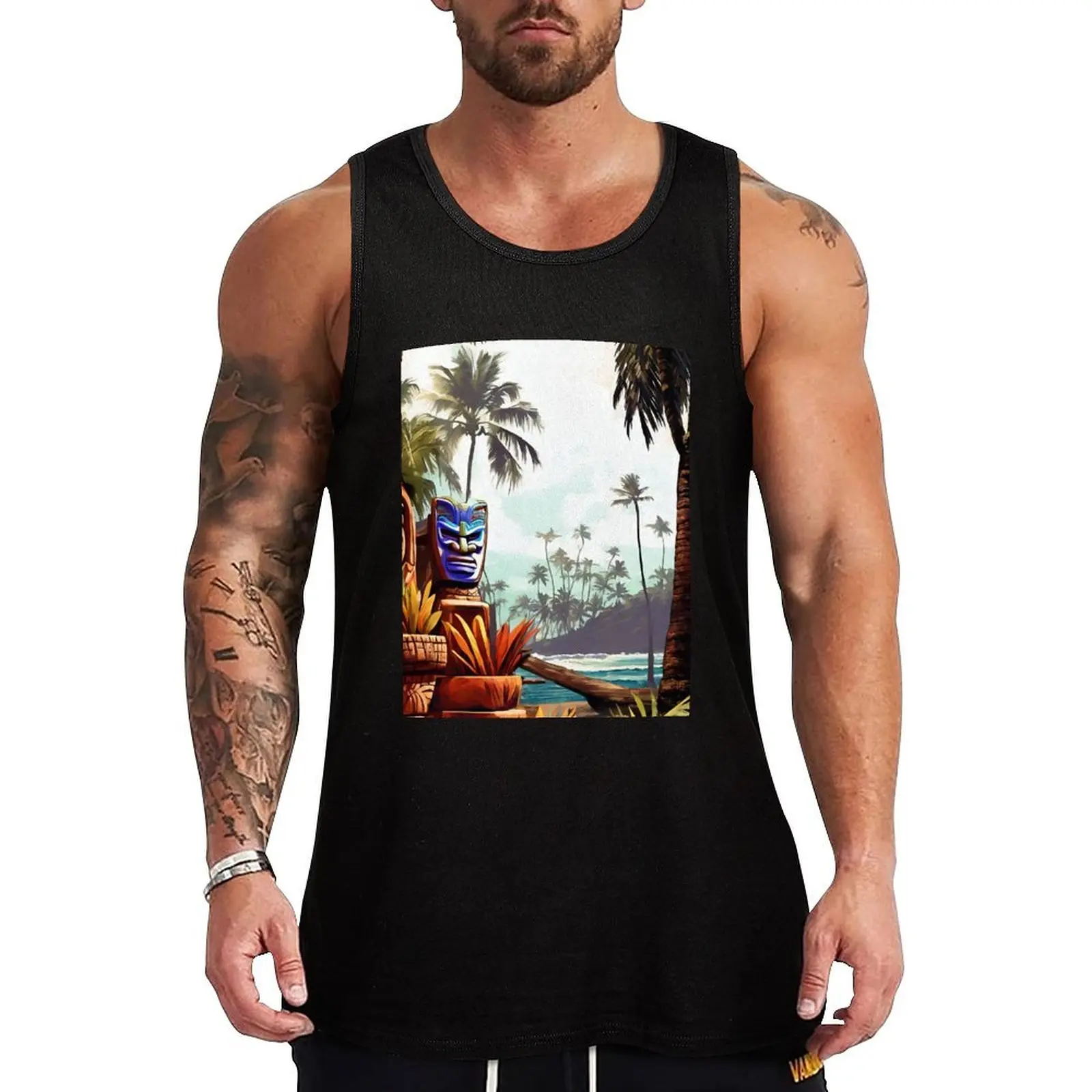 

Tiki landscape by the river Tank Top bodybuilding t shirt t-shirts for Men's gym male top