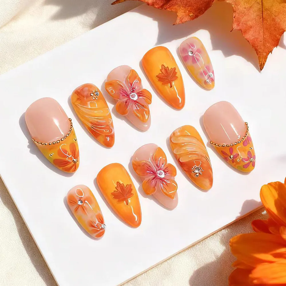

30 шт., набор ногтей средней длины, дизайн листьев Malpe, кончики пальцев, оранжевые французские рябь, миндалевидные накладные ногти, съемные накладные ногти с полным покрытием