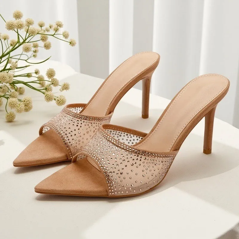 Water diamond pointed slender heel high-heeled slippers for women, sexy and fashionable for outdoor wear,  summer new half drag