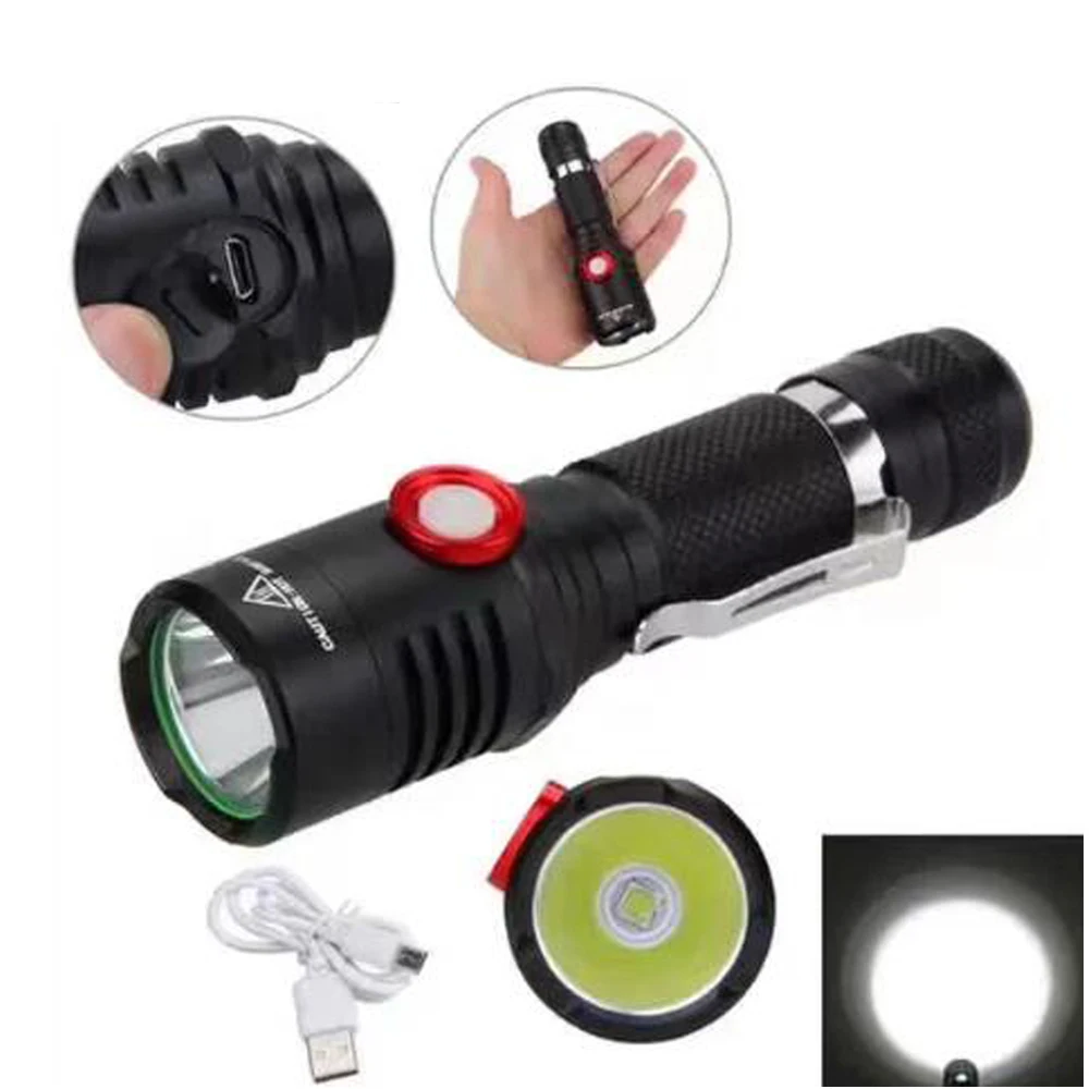 High Power LED Flashlight Waterproof Self defense camping Flash Lamp Light Outdoor Portable Lantern +1*18650 battery+USB charger