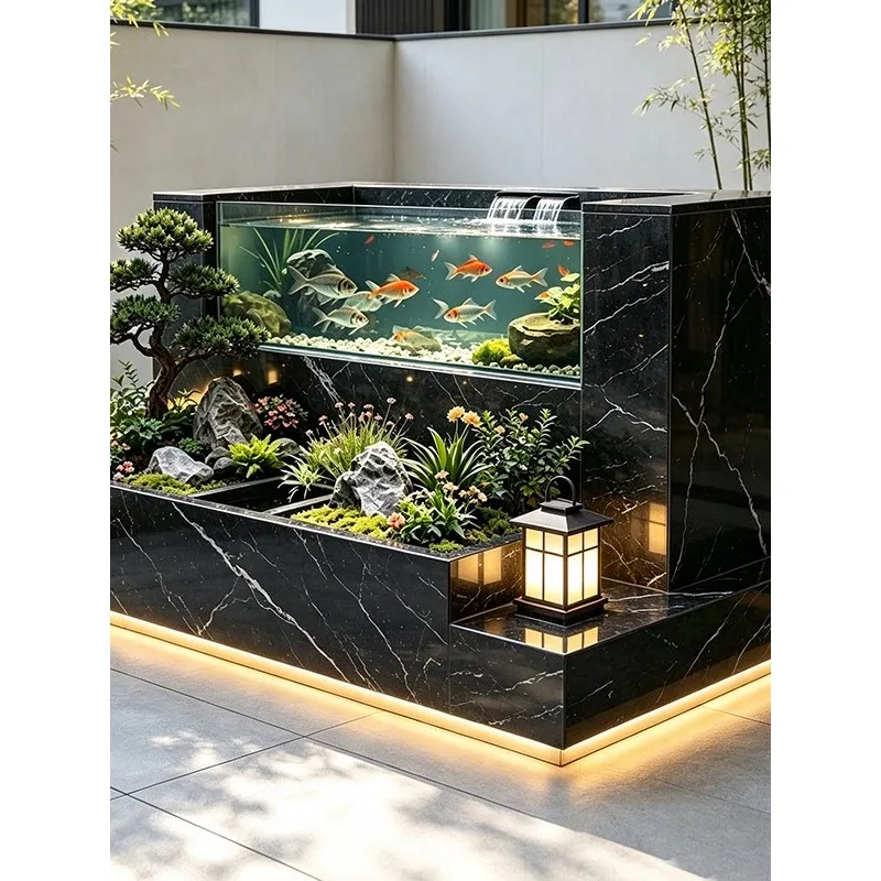 Luxury Outdoor Stainless Steel Fish Tank Water Feature with  Light Modern Garden Pond Landscape Decoration for Villa Courtyard