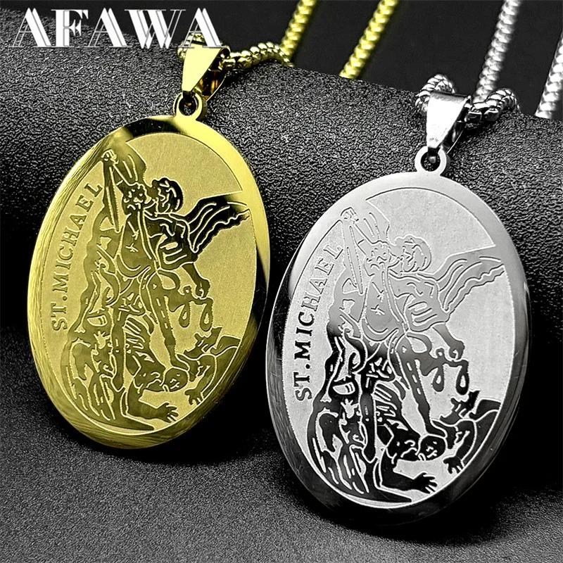 

SAINT MICHAEL PROTECT US Archangel Stainless Steel Pendant Necklace for Women Men Gold Color Chain Necklace Christian Jewelry