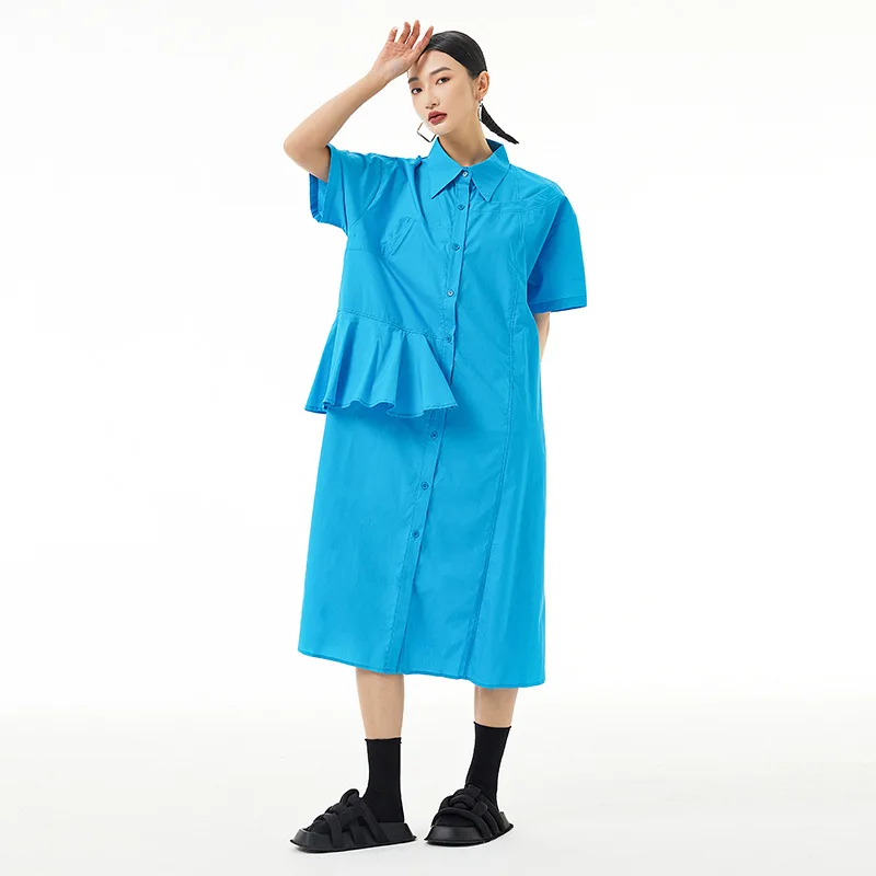 Tannt Women Dress Ruffles Patchwork Asymmetry Black Blue Red Casual Shirts Dresses Irregular Fashion Loose Long Summer Dresses