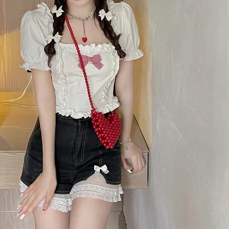 Japanese Lolita Cute Girl Sweet Kawaii Shirt White Ruffled Blouse Square Neck Puff Sleeve Korean Hot Girl Novel Retro Cute Tops