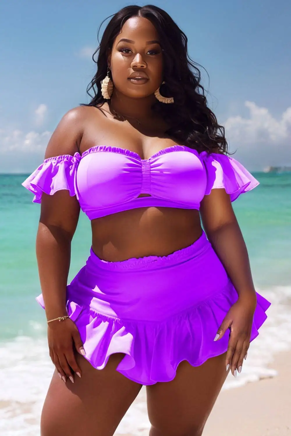 

Plus Size Beach Purple Off The Shoulder Ruffle Swimsuit Fabric Two Pieces Swimsuit
