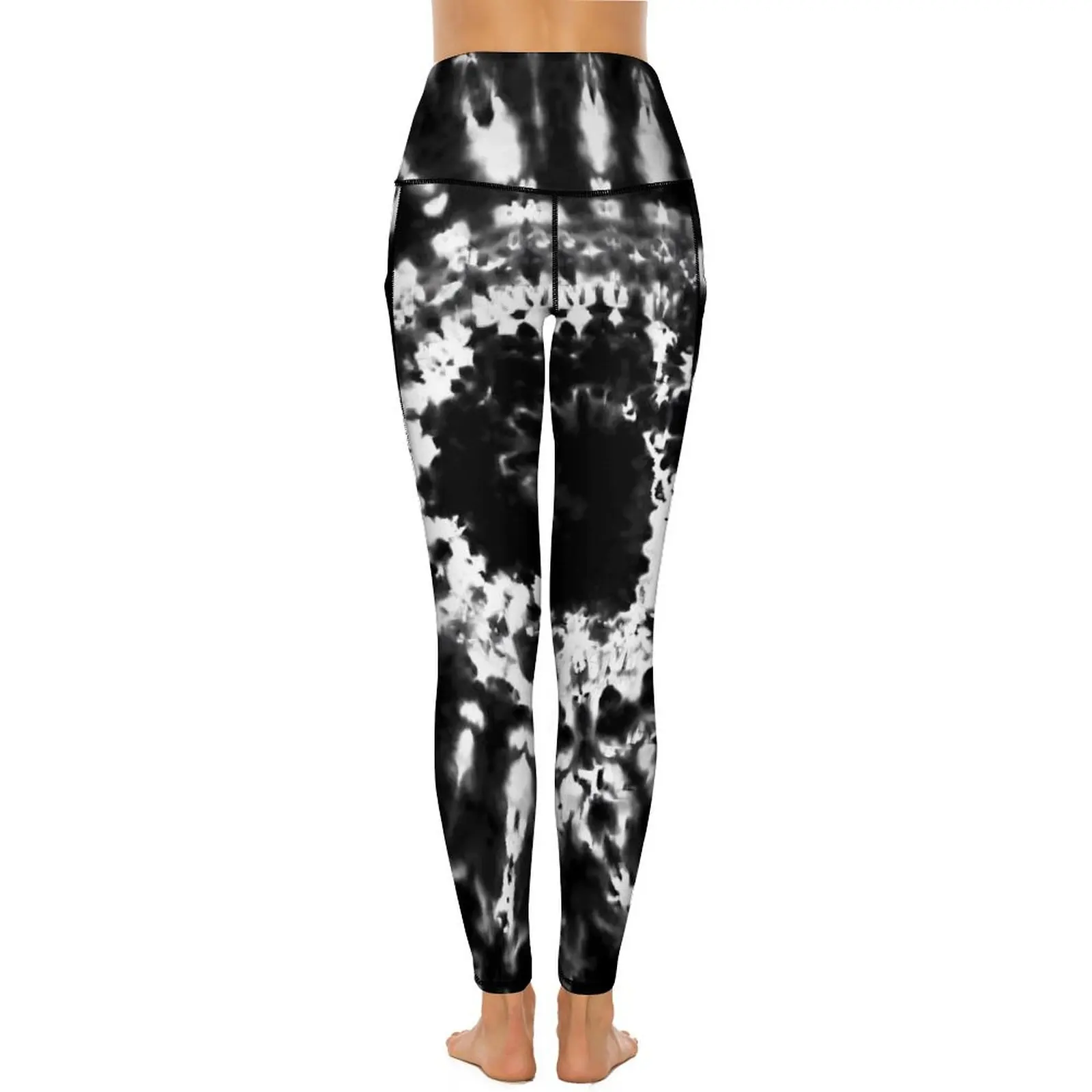 Black Tie Dye Print Yoga Pants Pockets White Spiral Leggings High Waist Casual Yoga Sports Tights Stretch Design Fitness Leggins