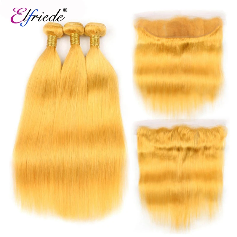 Elfriede #Yellow Straight Colored Hair Bundles with Frontal Brazilian Remy Human Hair Weaves 3 Bundles with Lace Frontal 13x4