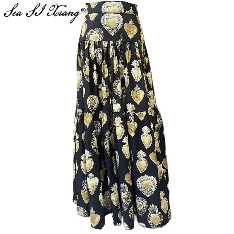 Seasixiang Fashion Designer Summer Cotton Vintage Skirt Women High Waiste Love Print Elegant Party Long Skirt