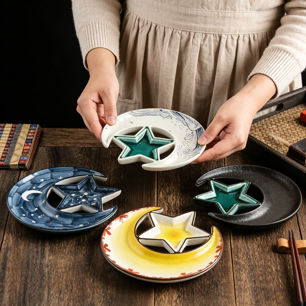 Creative Star and Moon-shaped Design, Ceramic Japanese-style Dumpling Plate with Vinegar Dish,home Commercial Sushi Tableware