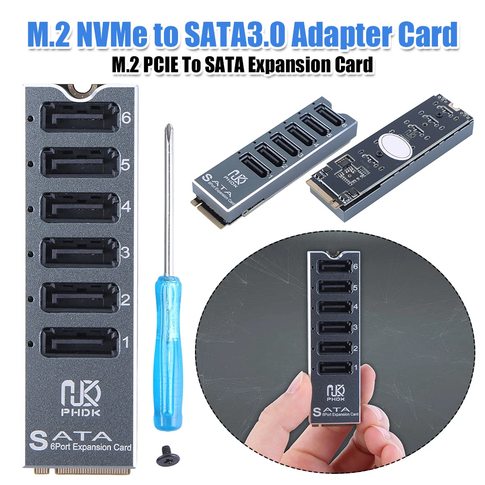 M.2 To SATA3.0 Adapter Card 6Gbps M.2 M KEY NVMe To 6 Ports SATA Convert Card with Smart Indicator ASM1166 Chip for Desktop PC