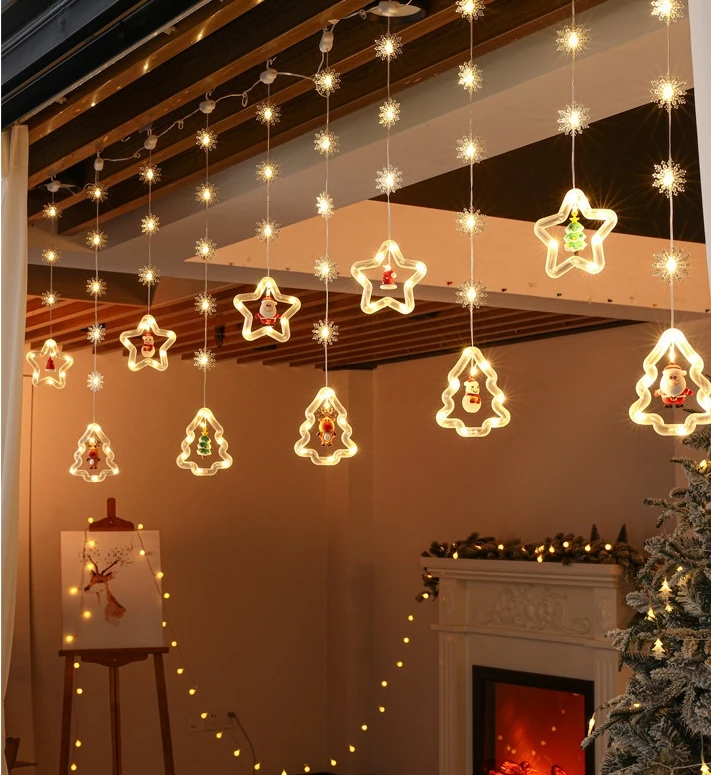 Popular Santa Claus LED Curtain Lights, 10 Miniature Snowflake Christmas String Lights with 8 Lighting Modes