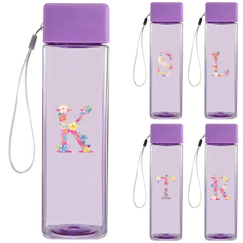 

Square Transparent Water Bottle Plastic Drinking Cup With Lanyard Leakproof Travel Tumbler For School Pink Pattern
