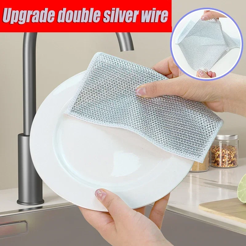 

Multi-purpose Metal Silver Wire Dishcloth Kitchen Cleaning Non-stick Dishcloth Wet and Dry Household Scrubbing Pads