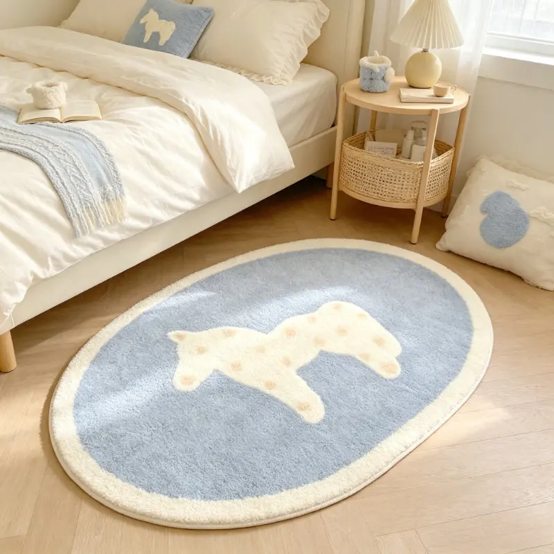 VIKAMA Cute Pony Oval Area Rug, Imitation Cashmere Soft Plush Floor Mat, Non Slip Absorbent Washable Fluffy Kids Bedroom Carpet