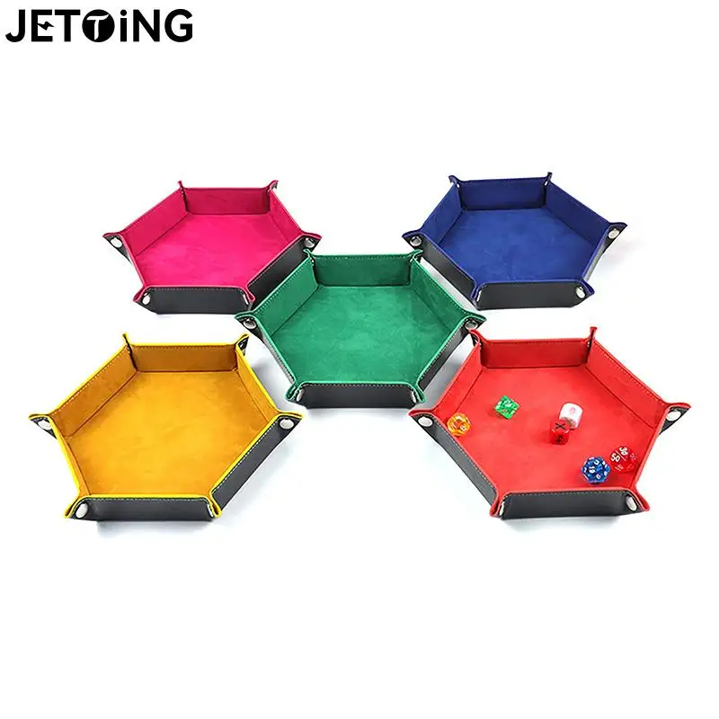 Bandeja de dados hexagonal plegable rodante, almacenamiento de juegos de mesa, doble cara, cuero PU grueso y caja de dados de terciopelo con 6 cierres a presión