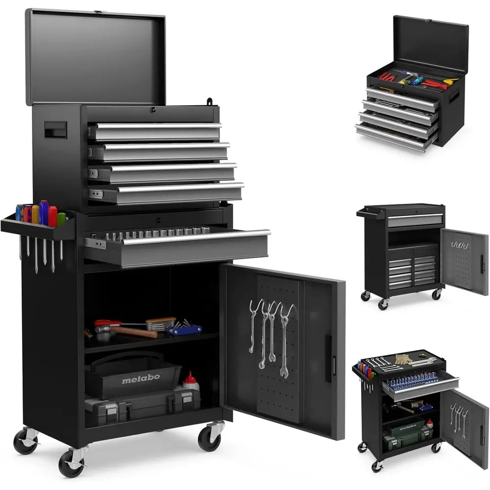 

Портативный передвижной инструментальный шкаф-тележка с отсоединяемой тележкой, колесами, крючками и боковой ручкой (черный и серый)