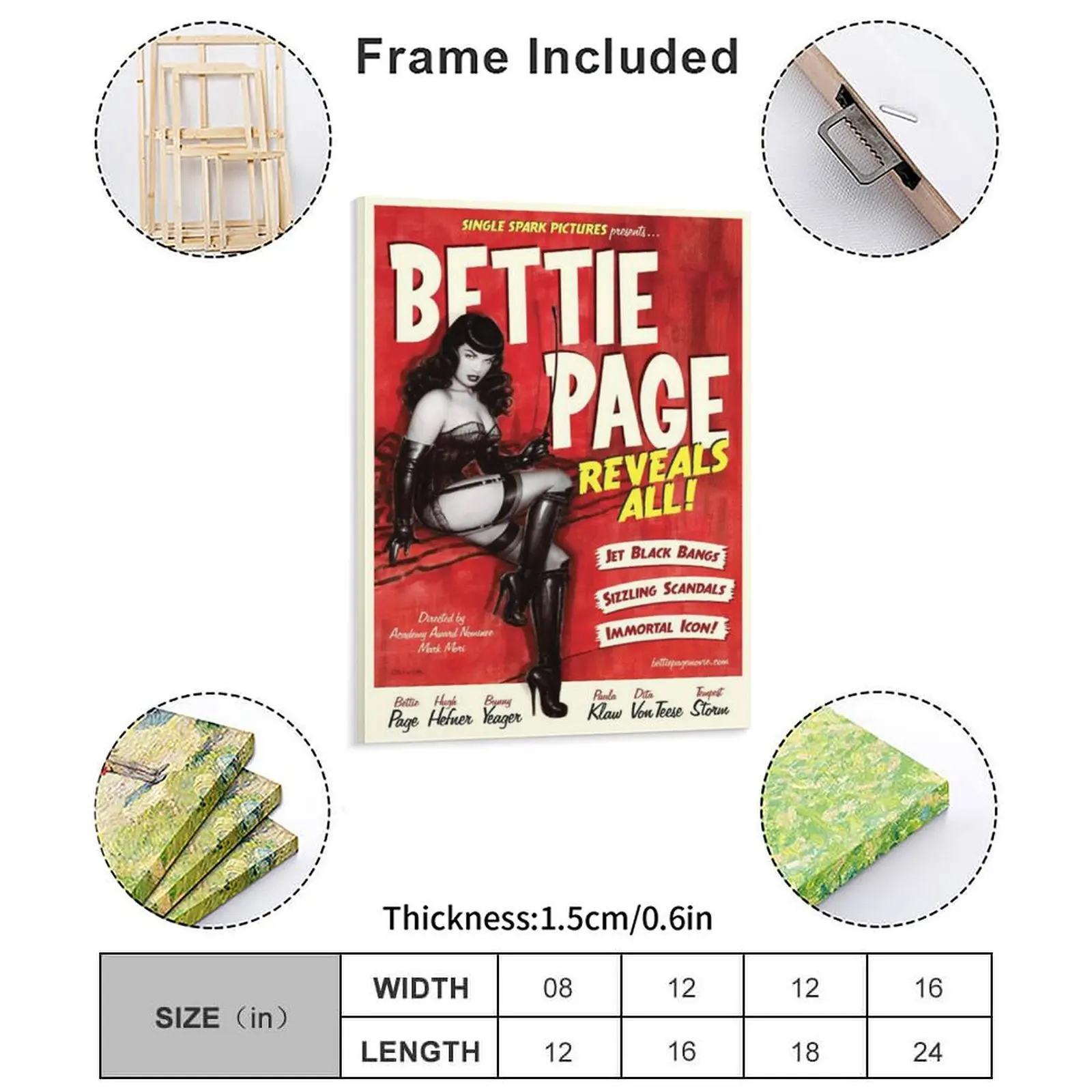 Bettie Page Vintage Poster Canvas Painting Party Wall Decor Cinema Garage Customize Framed Wall Painting