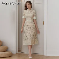 TWOTWINSTYLE Hollow Out A Line Dresses For Women Stand Collar Short High Waist Slimming Elegant Patchwork Button Dress Female