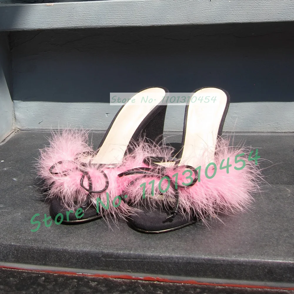 

Lovely Feather Wedge Slippers With Bow Women Elegant Multicolor Summer Stylish Shoes Sweet Girl's Casual Open Toe Pink Fur Mules