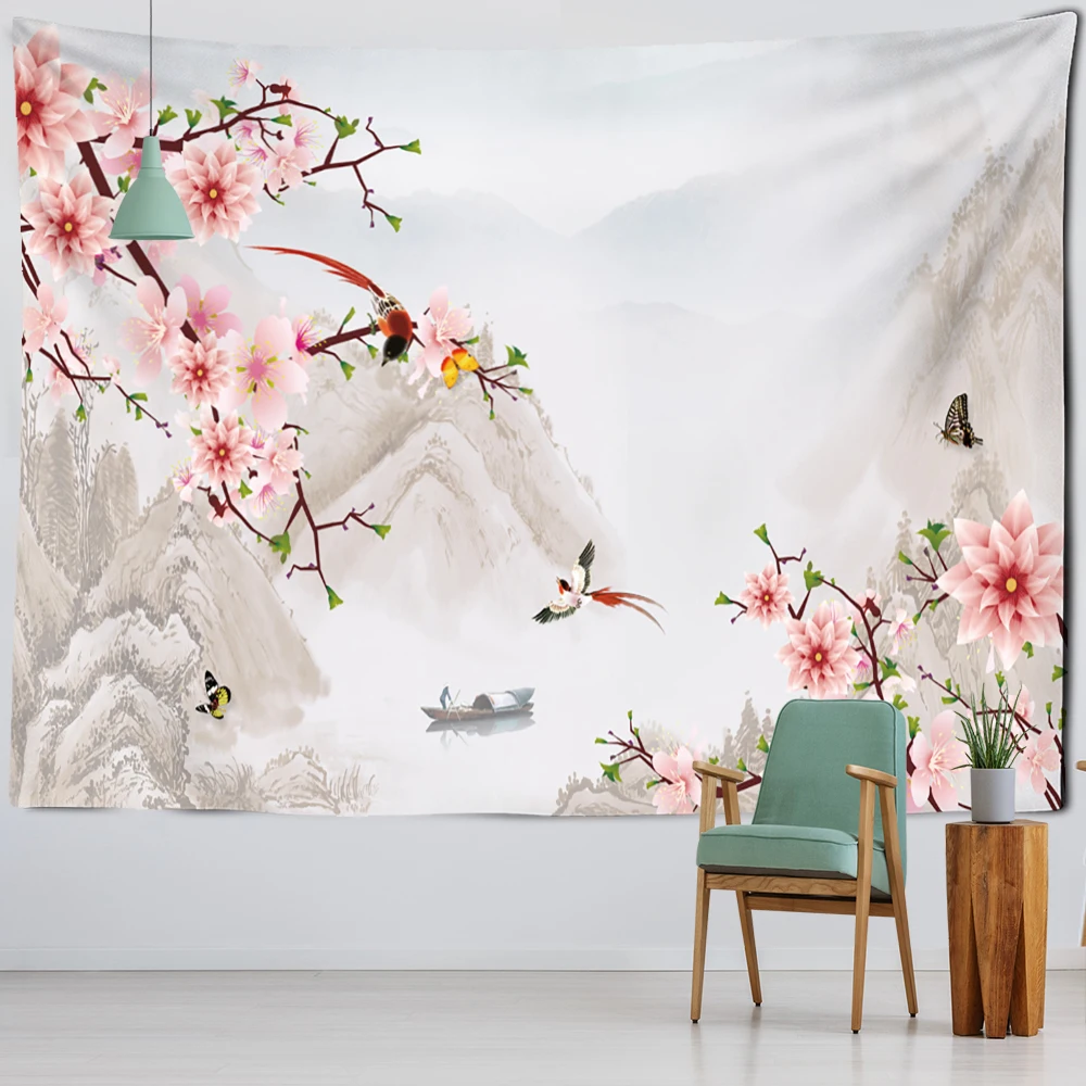 Artistic Conception Flower And Bird Painting Mural Tapestry Bohemian Psychedelic Wall Hanging Bedroom Living Room Home Decor
