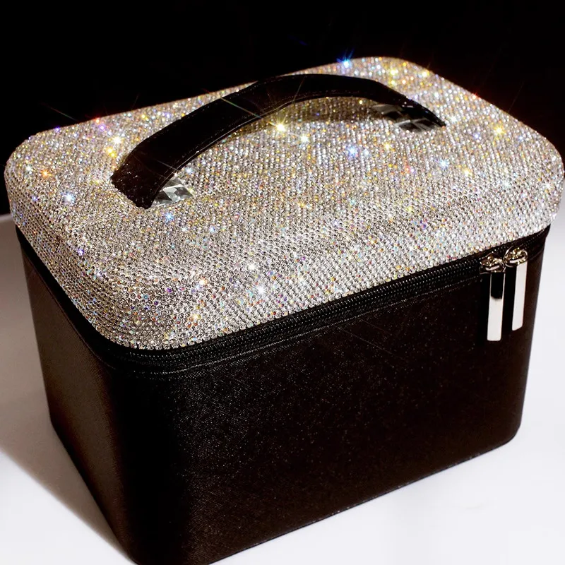 23X16X17cm Luxury Lady Big Capacity Making Up Container with Mirror Sparkle Rhinestone for Girls Birthday Gift