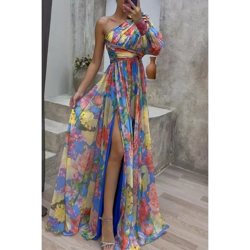 

Autumn Women's Casual Long Sleeved Waist Tied Dress with Slanted Collar and Off Shoulder Holiday Party Fashion Print Slit Dress